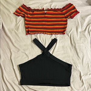 Wild Honey Red and Orange Striped Crop Top with Black Cross-Strap Top